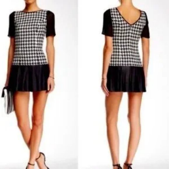 💥EFFORTLESSLY CHIC💥 Black & White Checkered Knit Dress wit Black Leather Dress - Picture 12 of 12